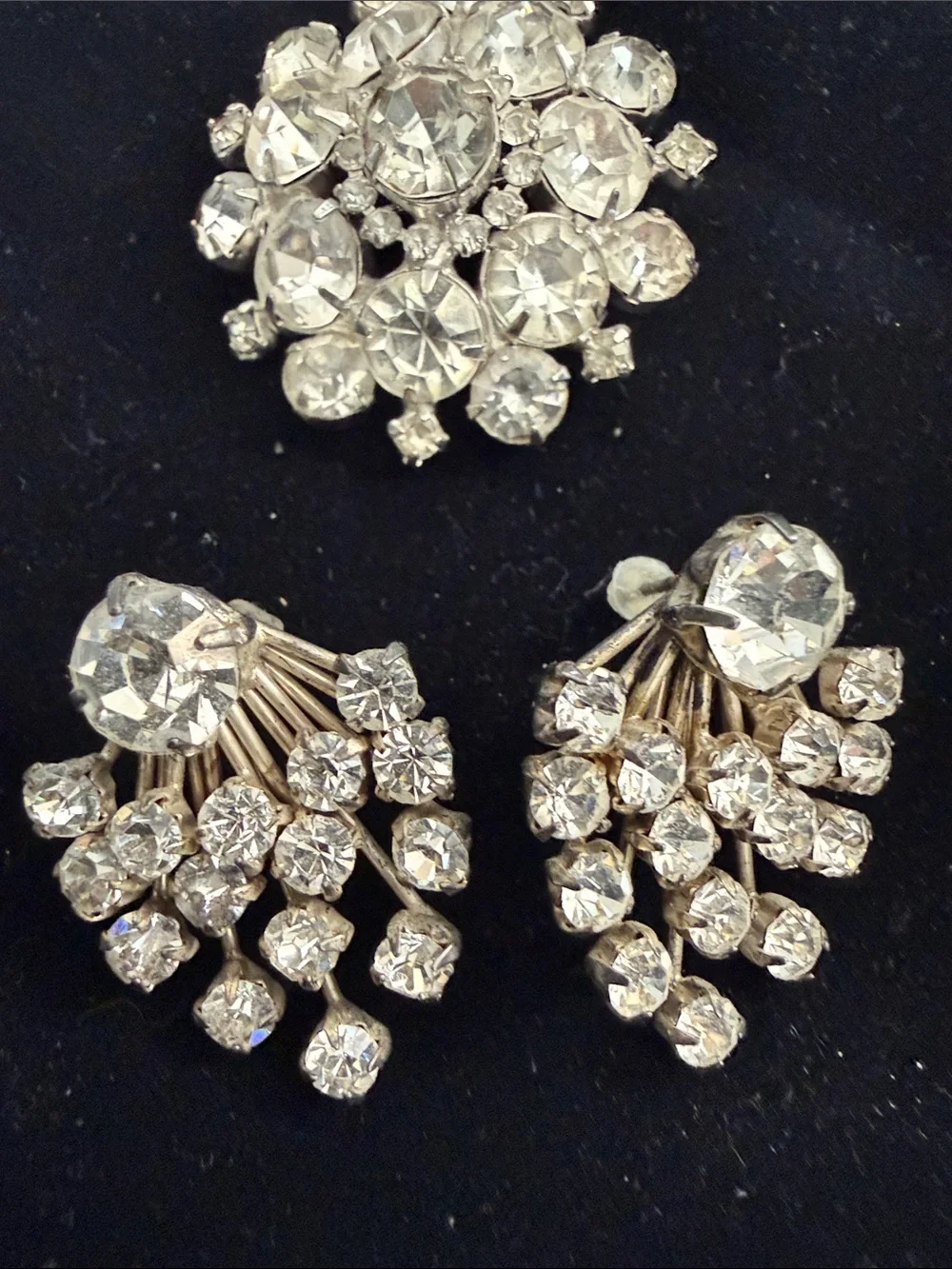 Crystal Cluster Earrings and Brooch Set - Silver-Tone Clear Rhinestones
